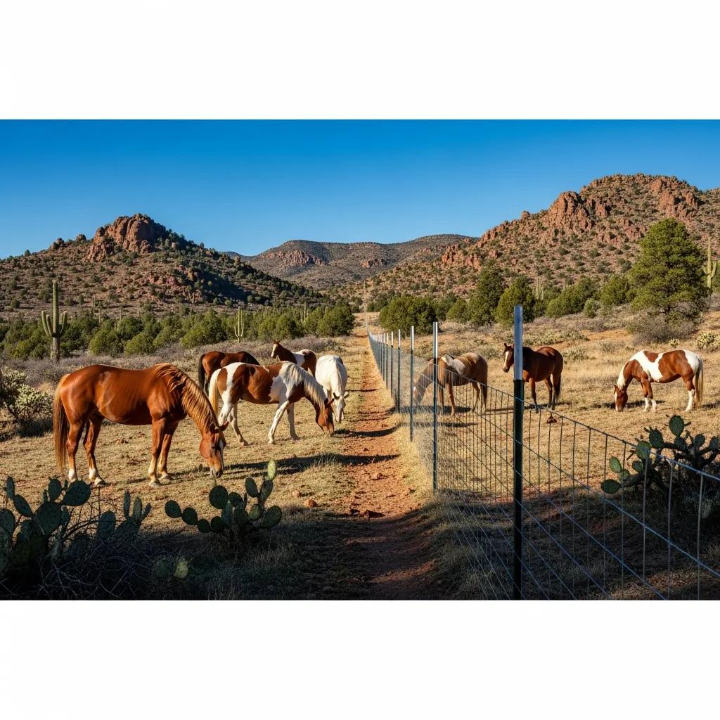 No-climb horse fencing in Arizona with horses grazing in a rugged landscape