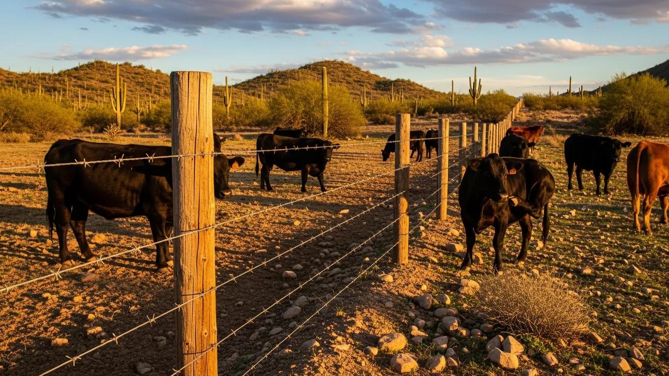 Arizona ranch landscape with barbed wire fence and grazing cattle, highlighting effective cattle fencing